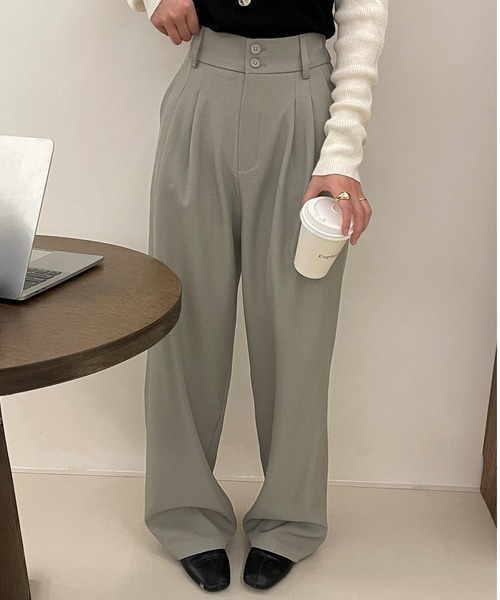 DAY CLOSET（デイ クローゼット）の「レディース マニッシュハイウエストダブルボタンワイドタックパンツ（スラックス・レディース・ダークグレー/ブラウン/グレイッシュベージュ/ブラック・S/M/L）」の11枚目の写真