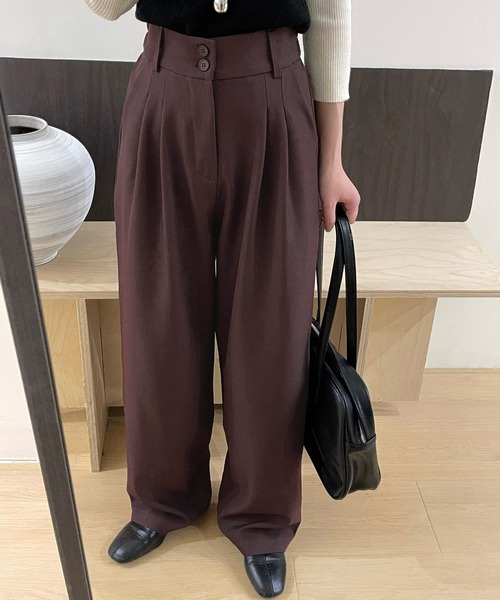 DAY CLOSET（デイ クローゼット）の「レディース マニッシュハイウエストダブルボタンワイドタックパンツ（スラックス・レディース・ダークグレー/ブラウン/グレイッシュベージュ/ブラック・S/M/L）」の7枚目の写真