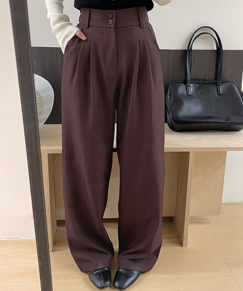 DAY CLOSET（デイ クローゼット）の「レディース マニッシュハイウエストダブルボタンワイドタックパンツ（スラックス・レディース・ダークグレー/ブラウン/グレイッシュベージュ/ブラック・S/M/L）」の8枚目の写真