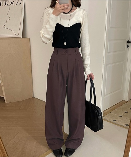 DAY CLOSET（デイ クローゼット）の「レディース マニッシュハイウエストダブルボタンワイドタックパンツ（スラックス・レディース・ダークグレー/ブラウン/グレイッシュベージュ/ブラック・S/M/L）」の10枚目の写真