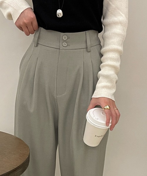 レディース マニッシュハイウエストダブルボタンワイドタックパンツ