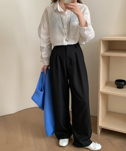 DAY CLOSET（デイ クローゼット）の「レディース マニッシュハイウエストダブルボタンワイドタックパンツ（スラックス・レディース・ダークグレー/ブラウン/グレイッシュベージュ/ブラック・S/M/L）」の22枚目の写真