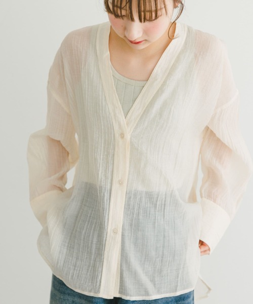 ITEMS URBANRESEARCH（アイテムズ アーバンリサーチ）の「Vネックシアーブラウス（シャツ/ブラウス・レディース・オフホワイト/ブラック/ミント・FREE）」の5枚目の写真
