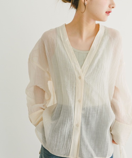 ITEMS URBANRESEARCH（アイテムズ アーバンリサーチ）の「Vネックシアーブラウス（シャツ/ブラウス・レディース・オフホワイト/ブラック/ミント・FREE）」の6枚目の写真