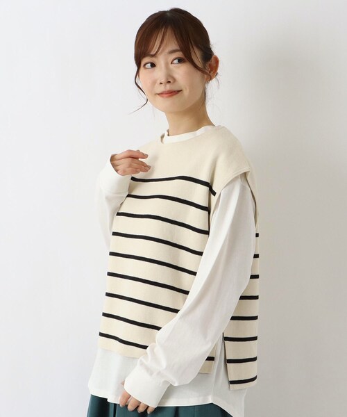 one'sterrace(ワンズテラス)の「綿ニット&長袖カットソー アンサンブル(ベスト・レディース・アイボリー系8/ライトグレー系8/ブラック系8・02)」の3枚目の写真