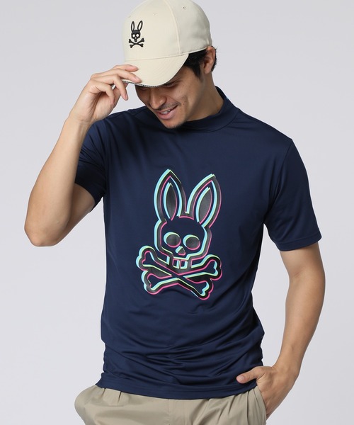 Psycho Bunny ネイビー モックネック Lサイズ セール】[GOLF]3Dカラーロゴ モックネックTシャツ（Tシャツ