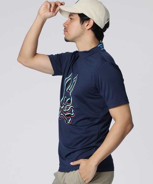 Psycho Bunny ネイビー モックネックシャツ Mサイズ セール】[GOLF]3Dカラーロゴ モックネックTシャツ（Tシャツ