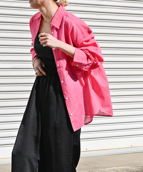 美品 Plantation 2022SS コットンリネン ワイドシャツ ゆったり prit｜【10%OFF】コットンリネンバレストライプ 5分袖スタンド