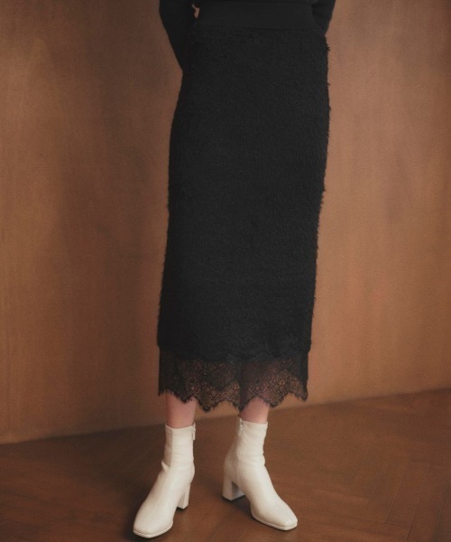 LANTINAM(ランティナム)の「Lace Docking Knit Skirt-レースドッキングニットスカート(スカート・レディース・ホワイト/ブラック・FREE)」の1枚目の写真