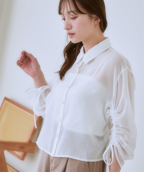 nissen(ニッセン)の「袖ドロストクロップド丈シアーシャツ(シャツ/ブラウス・レディース・チャコールグレー/オフホワイト/イエロー・LL/S/M/L)」の10枚目の写真