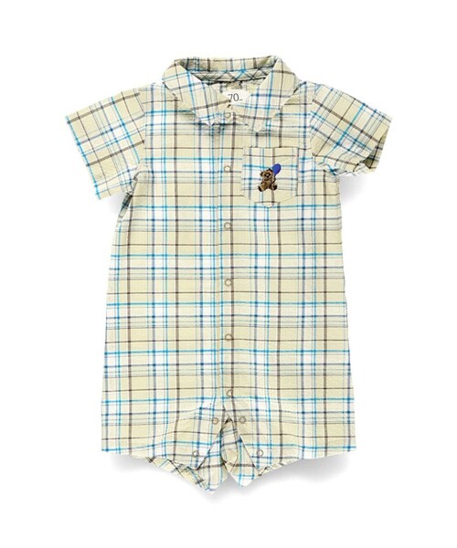 BRANSHES(ブランシェス)の「【おそろい】ぽこぽこ/サッカーチェック柄半袖カバーオール(ロンパース・キッズ・ベージュ/ブルー・70/80)」の2枚目の写真