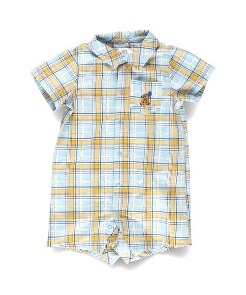 BRANSHES(ブランシェス)の「【おそろい】ぽこぽこ/サッカーチェック柄半袖カバーオール(ロンパース・キッズ・ベージュ/ブルー・70/80)」の1枚目の写真