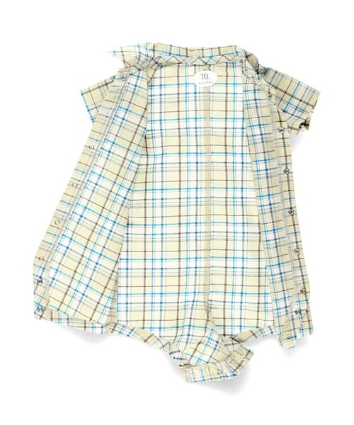 BRANSHES(ブランシェス)の「【おそろい】ぽこぽこ/サッカーチェック柄半袖カバーオール(ロンパース・キッズ・ベージュ/ブルー・70/80)」の3枚目の写真