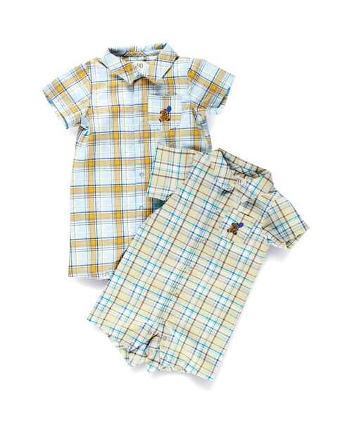 BRANSHES(ブランシェス)の「【おそろい】ぽこぽこ/サッカーチェック柄半袖カバーオール(ロンパース・キッズ・ベージュ/ブルー・70/80)」の9枚目の写真