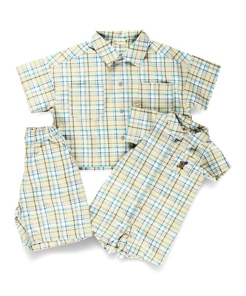 BRANSHES(ブランシェス)の「【おそろい】ぽこぽこ/サッカーチェック柄半袖カバーオール(ロンパース・キッズ・ベージュ/ブルー・70/80)」の10枚目の写真