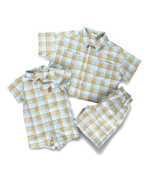 BRANSHES(ブランシェス)の「【おそろい】ぽこぽこ/サッカーチェック柄半袖カバーオール(ロンパース・キッズ・ベージュ/ブルー・70/80)」の12枚目の写真