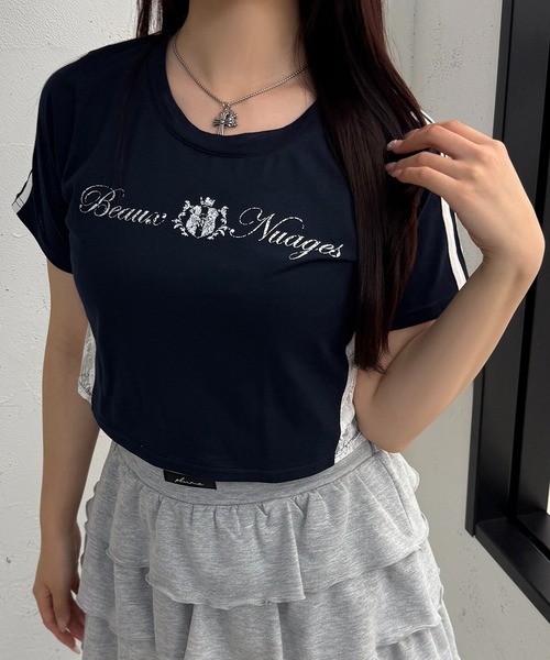 apres jour mignon(アプレジュールミニョン)の「サイドレースクロップドTシャツ【ZOZOTOWN限定アイテム】(Tシャツ/カットソー・レディース・ネイビー/オフホワイト/ピンク・X-LARGE/フリー)」の2枚目の写真