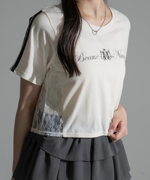 apres jour mignon(アプレジュールミニョン)の「サイドレースクロップドTシャツ【ZOZOTOWN限定アイテム】(Tシャツ/カットソー・レディース・ネイビー/オフホワイト/ピンク・X-LARGE/フリー)」の1枚目の写真