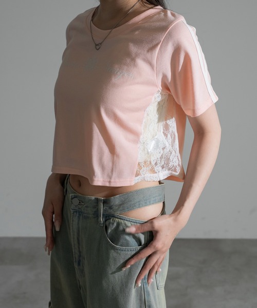 apres jour mignon(アプレジュールミニョン)の「サイドレースクロップドTシャツ【ZOZOTOWN限定アイテム】(Tシャツ/カットソー・レディース・ネイビー/オフホワイト/ピンク・X-LARGE/フリー)」の7枚目の写真
