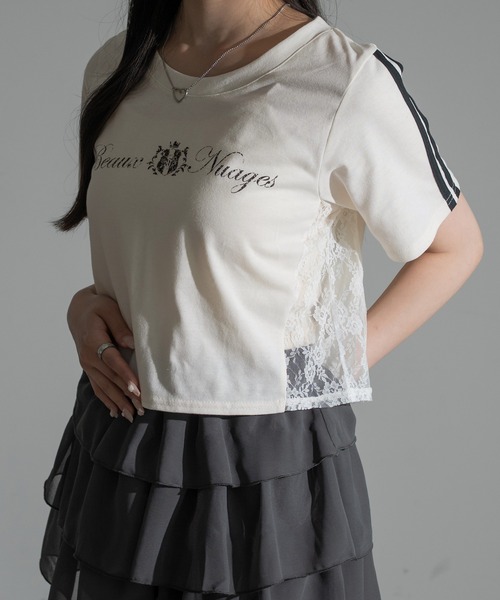 apres jour mignon(アプレジュールミニョン)の「サイドレースクロップドTシャツ【ZOZOTOWN限定アイテム】(Tシャツ/カットソー・レディース・ネイビー/オフホワイト/ピンク・X-LARGE/フリー)」の5枚目の写真