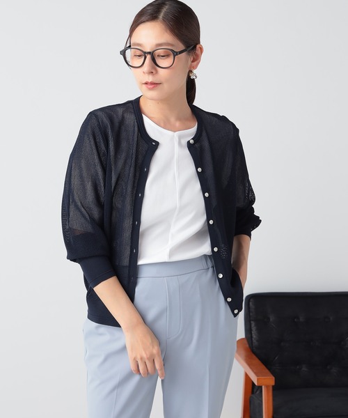 GALLORIA(ギャローリア)の「洗える メッシュクルーカーディガン(カーディガン/ボレロ・レディース・ネイビー/ホワイト・M/L/LL/S)」の2枚目の写真