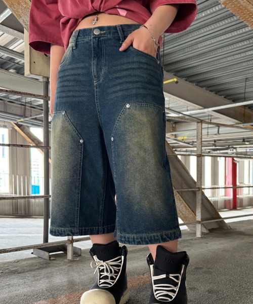 ATMARK（アットマーク）の「《2サイズ展開　/　UNISEX　》ダブルニー　クロスショーツ　ハーフパンツ（デニムパンツ・メンズ・ブラック/カーキ/サックスブルー/インディゴブルー・MEDIUM/LARGE）」の22枚目の写真
