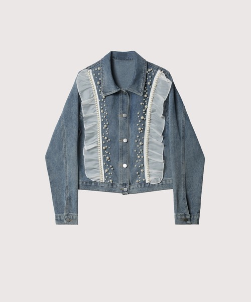 Ruffle Deco Pearl Denim Jacket