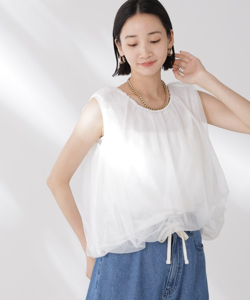 NANO universe(ナノユニバース)の「チュールレイヤードコクーンシルエットトップス(Tシャツ/カットソー・レディース・グレー/ホワイト/チャコール・FREE)」の5枚目の写真