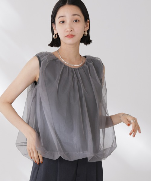 NANO universe(ナノユニバース)の「チュールレイヤードコクーンシルエットトップス(Tシャツ/カットソー・レディース・グレー/ホワイト/チャコール・FREE)」の18枚目の写真