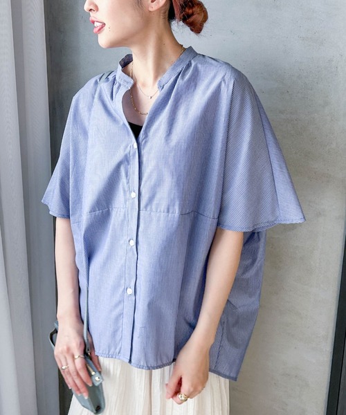LAUTREAMONT(ロートレアモン)の「【WEB限定】キュプラストライプバンドカラーブラウス ≪手洗いOK≫(シャツ/ブラウス・レディース・ブルー系その他/グリーン系その他/アイボリー・9号)」の8枚目の写真