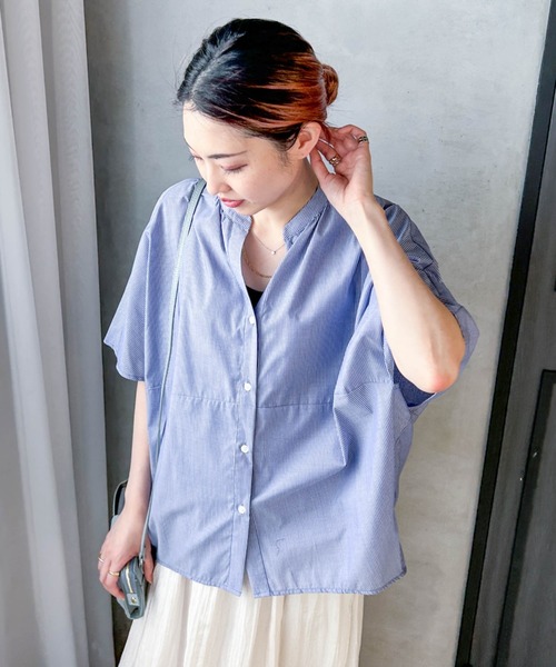 LAUTREAMONT(ロートレアモン)の「【WEB限定】キュプラストライプバンドカラーブラウス ≪手洗いOK≫(シャツ/ブラウス・レディース・ブルー系その他/グリーン系その他/アイボリー・9号)」の6枚目の写真