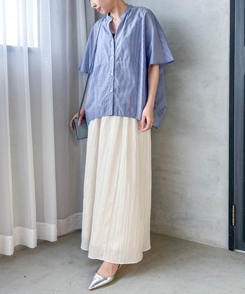 LAUTREAMONT(ロートレアモン)の「【WEB限定】キュプラストライプバンドカラーブラウス ≪手洗いOK≫(シャツ/ブラウス・レディース・ブルー系その他/グリーン系その他/アイボリー・9号)」の5枚目の写真
