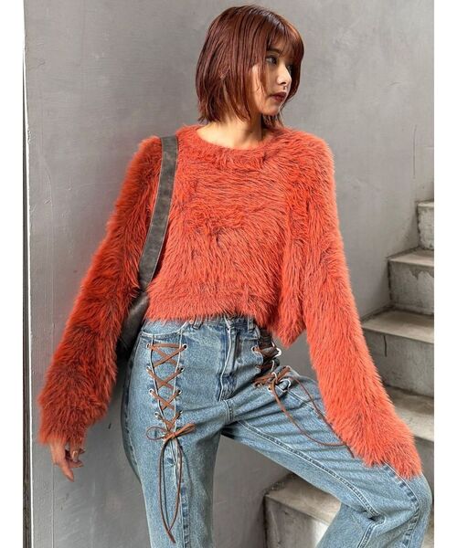 MURUA（ムルーア）の「バイカラーMIXシャギーニット（ニット/セーター・レディース・グレー/ブルー/アイボリー/オレンジ/ネイビー・FREE）」の7枚目の写真