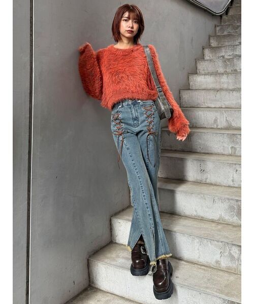 MURUA（ムルーア）の「バイカラーMIXシャギーニット（ニット/セーター・レディース・グレー/ブルー/アイボリー/オレンジ/ネイビー・FREE）」の9枚目の写真