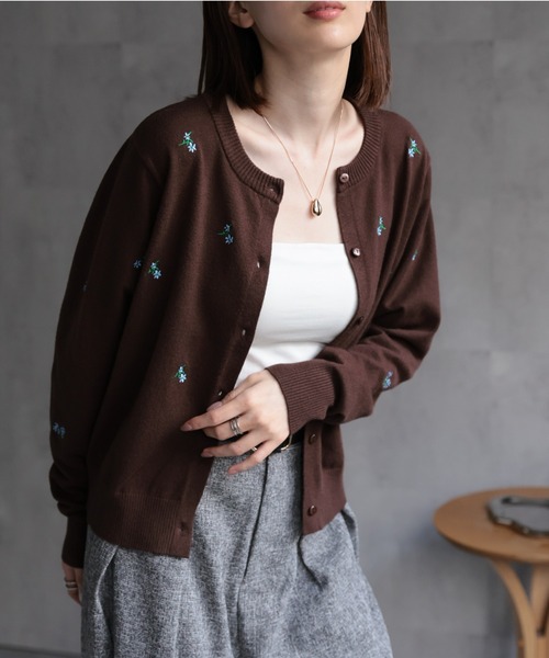 セール】フラワー刺しゅう 長袖カーディガン/花柄/冷房対策（ニット