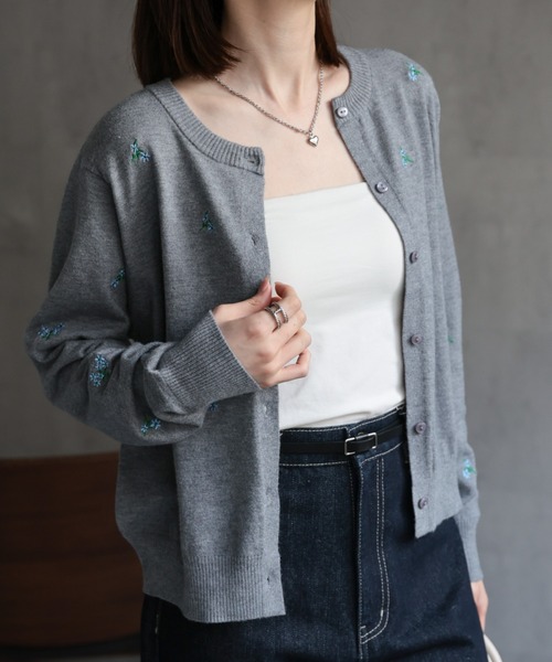 ニット セーター フラワー刺しゅう 長袖カーディガン/花柄/冷房対策 レディース セール】フラワー刺しゅう 長袖カーディガン/花柄/冷房対策