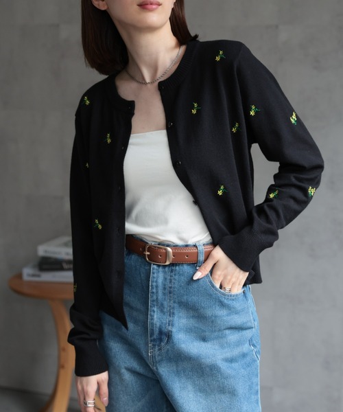 セール】フラワー刺しゅう 長袖カーディガン/花柄/冷房対策