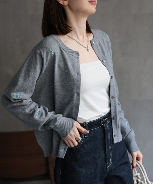 セール】フラワー刺しゅう 長袖カーディガン/花柄/冷房対策（ニット