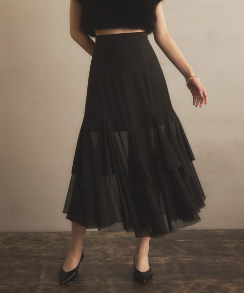 チュールティアードスカート　フレア　ロング　夏　秋　フリル