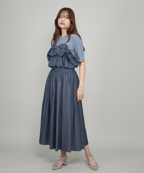 QUEENS COURT(クイーンズコート)の「ダンガリーデニムギャザーフレアスカート≪手洗い可能≫(スカート・レディース・ネイビー/ライトブルー・M)」の20枚目の写真