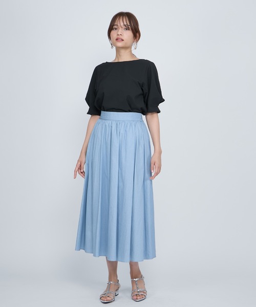 QUEENS COURT(クイーンズコート)の「ダンガリーデニムギャザーフレアスカート≪手洗い可能≫(スカート・レディース・ネイビー/ライトブルー・M)」の12枚目の写真