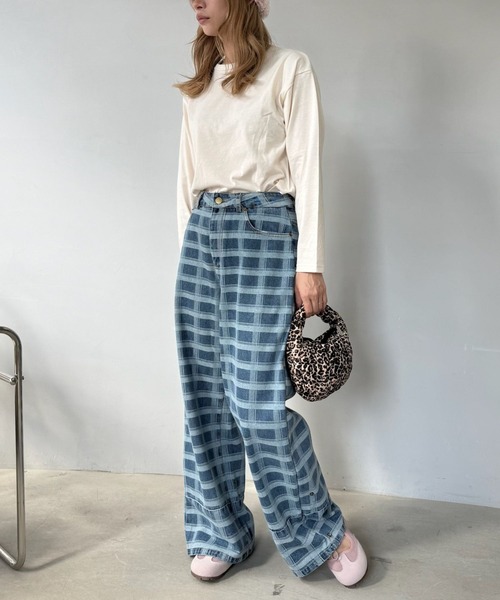 SANSeLF（サンセルフ）の「【SANSeLF】チェックデニム ワイドパンツ ストレートシルエット saw25a036（デニムパンツ・レディース・ブルー・FREE）」の3枚目の写真