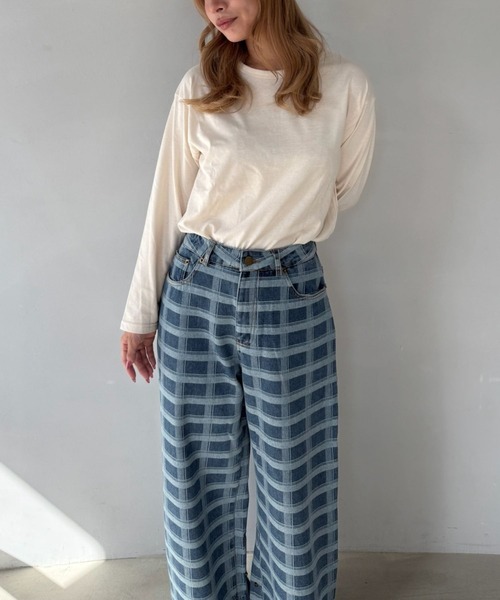 SANSeLF（サンセルフ）の「【SANSeLF】チェックデニム ワイドパンツ ストレートシルエット saw25a036（デニムパンツ・レディース・ブルー・FREE）」の5枚目の写真