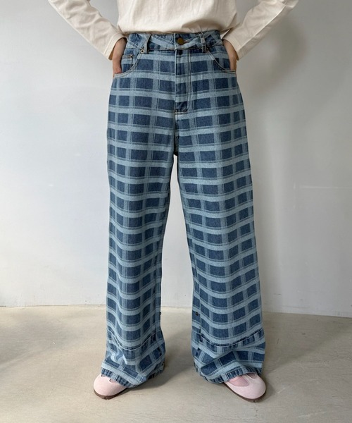 SANSeLF（サンセルフ）の「【SANSeLF】チェックデニム ワイドパンツ ストレートシルエット saw25a036（デニムパンツ・レディース・ブルー・FREE）」の6枚目の写真