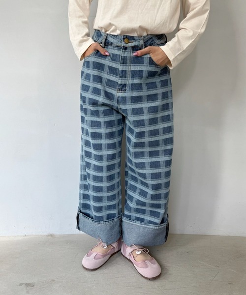 SANSeLF（サンセルフ）の「【SANSeLF】チェックデニム ワイドパンツ ストレートシルエット saw25a036（デニムパンツ・レディース・ブルー・FREE）」の11枚目の写真