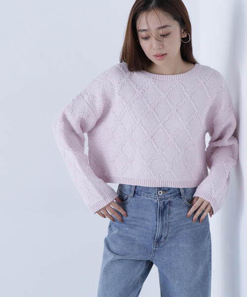 NATURAL BEAUTY BASIC(ナチュラルビューティーベーシック)の「◇ダイヤ柄クロップドニット(ニット/セーター・レディース・ベージュ/ピンク/イエロー・FREE)」の3枚目の写真