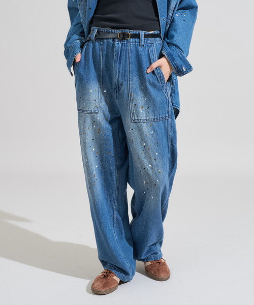 FREAK'S STORE(フリークスストア)の「ペイント加工 ベーカーパンツ<セットアップ対応>(スラックス・レディース・オリーブ/ブルー・フリ-)」の1枚目の写真