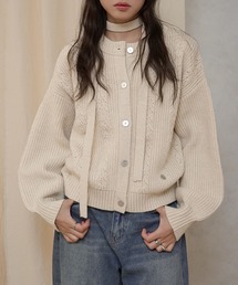 jacquard crew neck cardigan & choker set / 紐付きジャガードクルーネックカーディガン