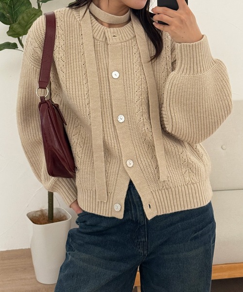 MUHET(ミュエータ)の「jacquard crew neck cardigan & choker set / 紐付きジャガードクルーネックカーディガン(カーディガン/ボレロ・レディース・チャコールグレー/アイボリー・FREE)」の22枚目の写真
