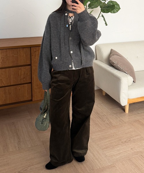 MUHET(ミュエータ)の「jacquard crew neck cardigan & choker set / 紐付きジャガードクルーネックカーディガン(カーディガン/ボレロ・レディース・チャコールグレー/アイボリー・FREE)」の5枚目の写真
